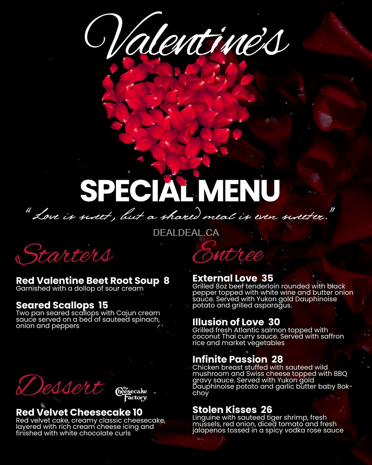 Valentine's Day Special menu at One Eyed Jack Restaurant & Bar Toronto