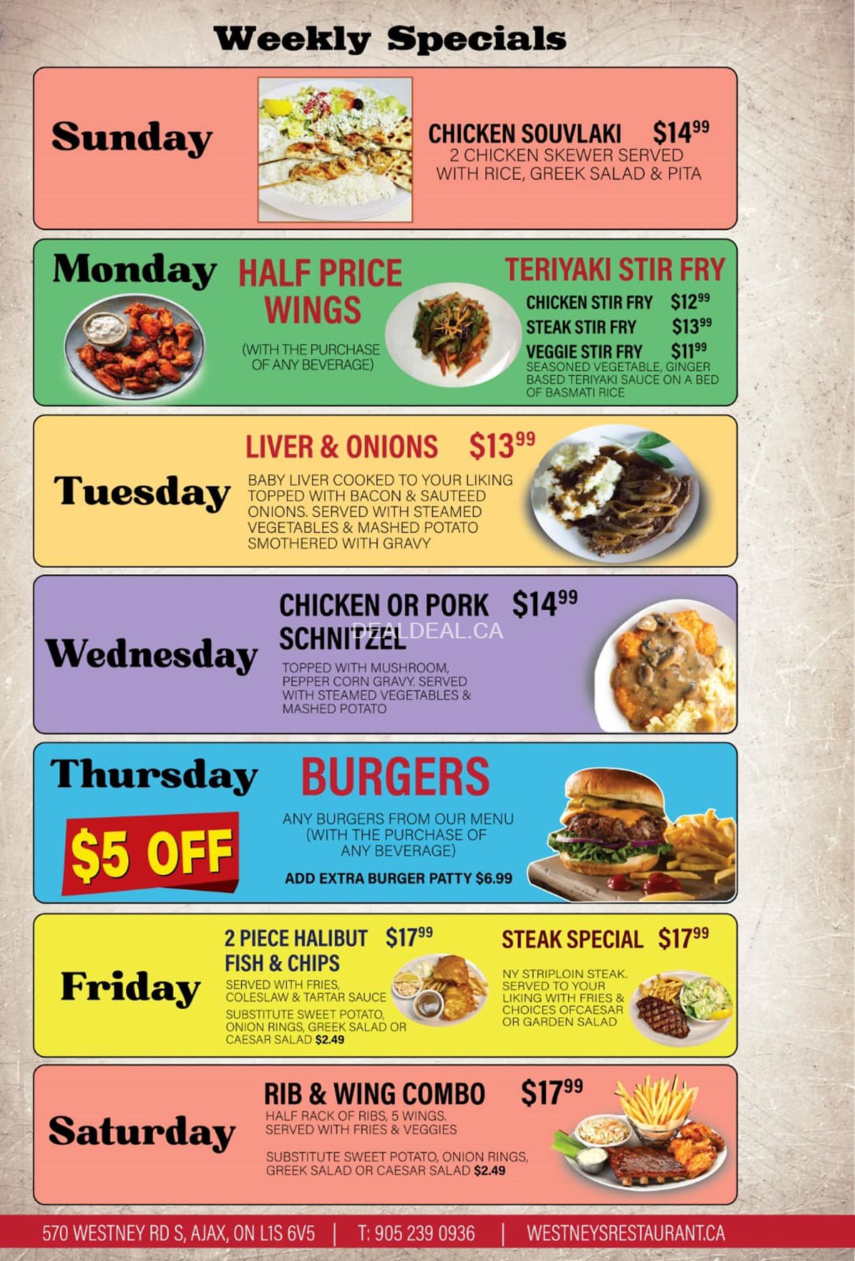 Weekly Specials 2024 at Westney Restaurant and Bar