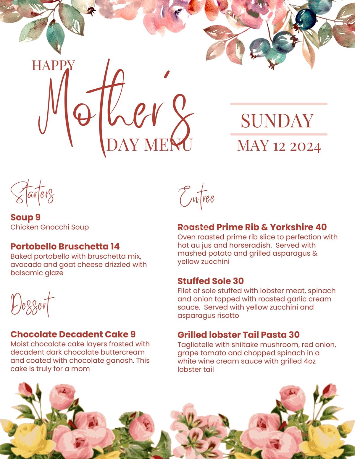 Mother's Day Dinner Menu at One Eyed Jack Restaurant & Bar Toronto