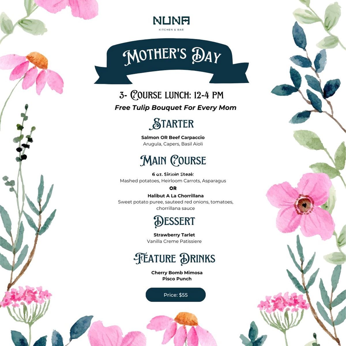 3-Course Menu at Nuna Kitchen & Bar for this Mother's Day