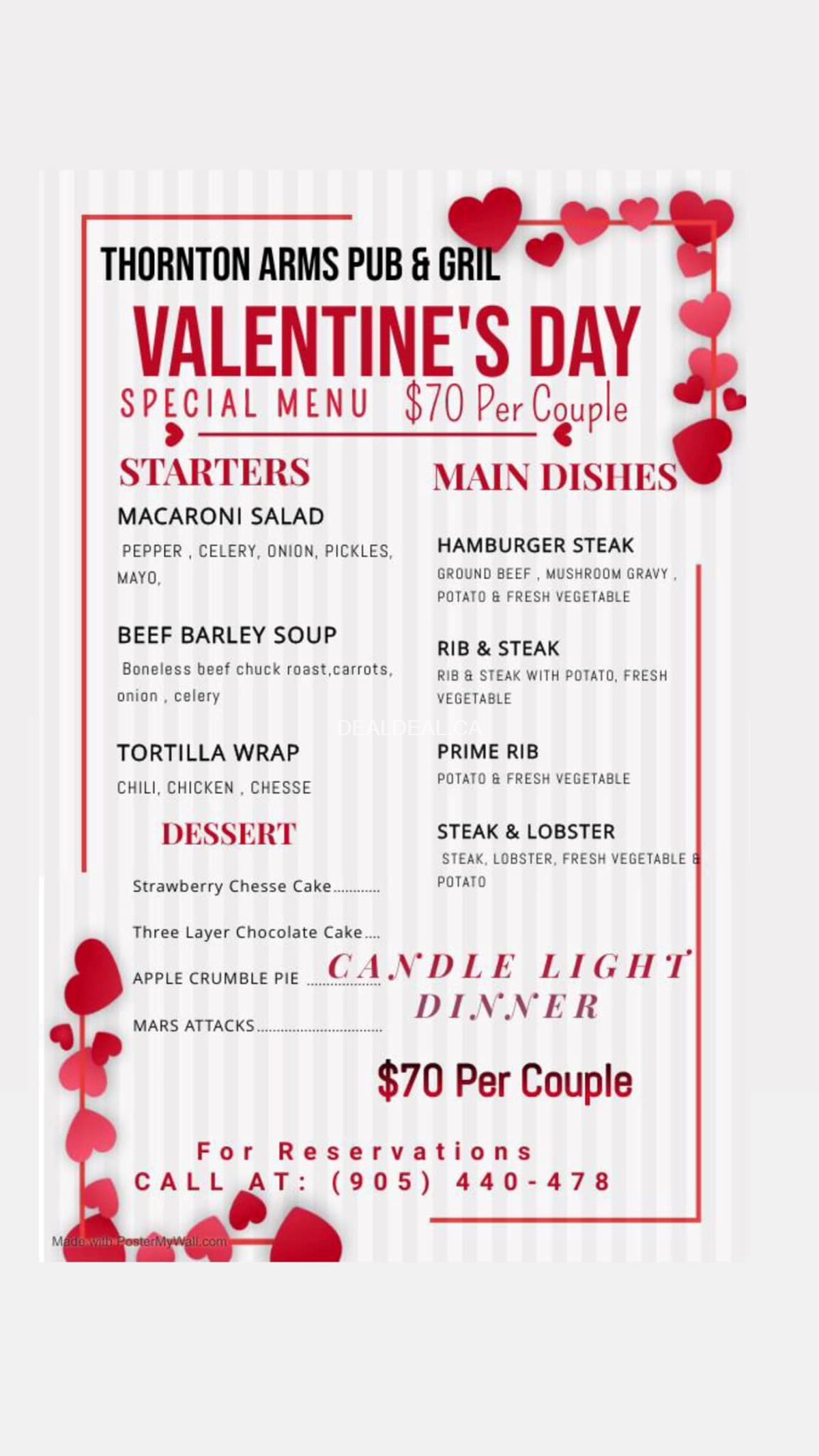 Valentine's Day Special Menu at Thornton Arms