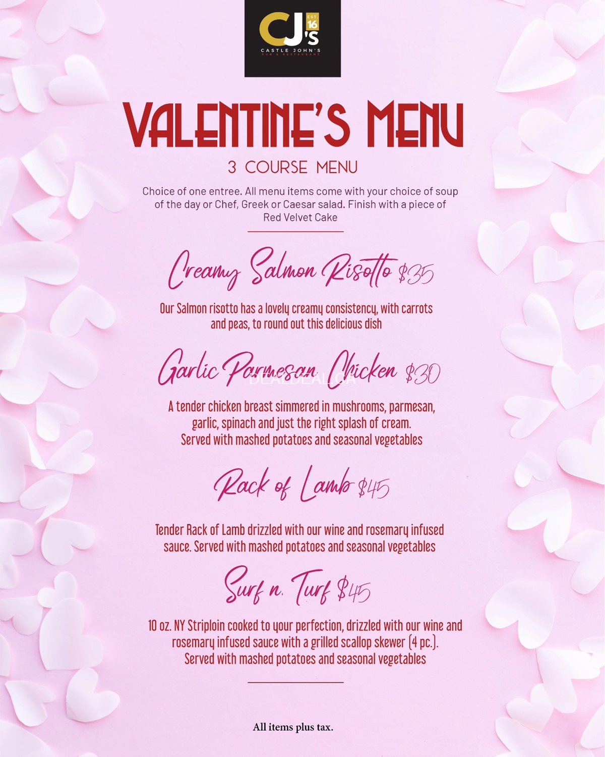 Valentine's menu at Castle John's Port Perry
