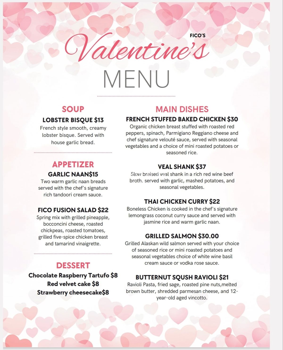 Fico Fusion Cuisine Valentine’s Day 2024 Menu