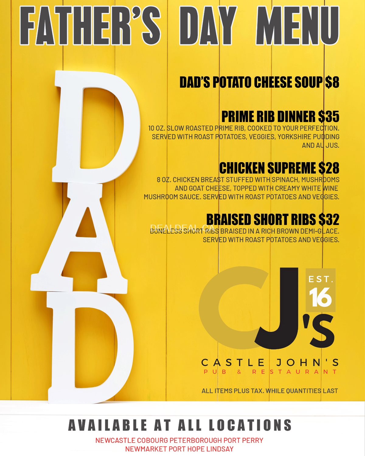 Father's Day menu at Castle John's Port Perry