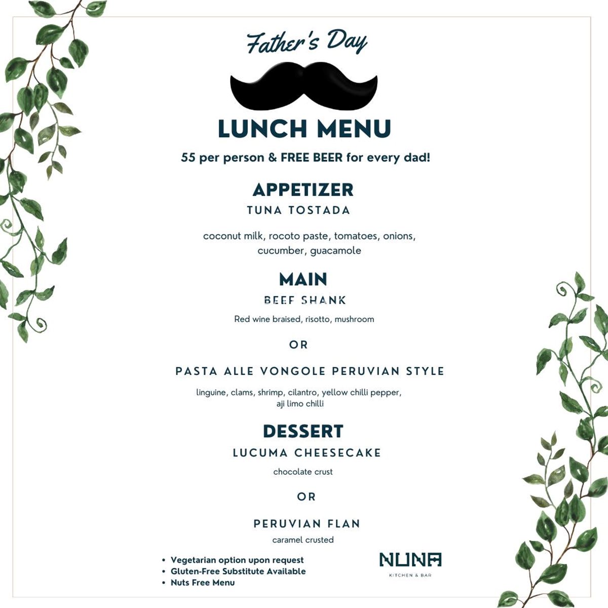 Father's Day 3-course lunch menu at Nuna Kitchen & Bar