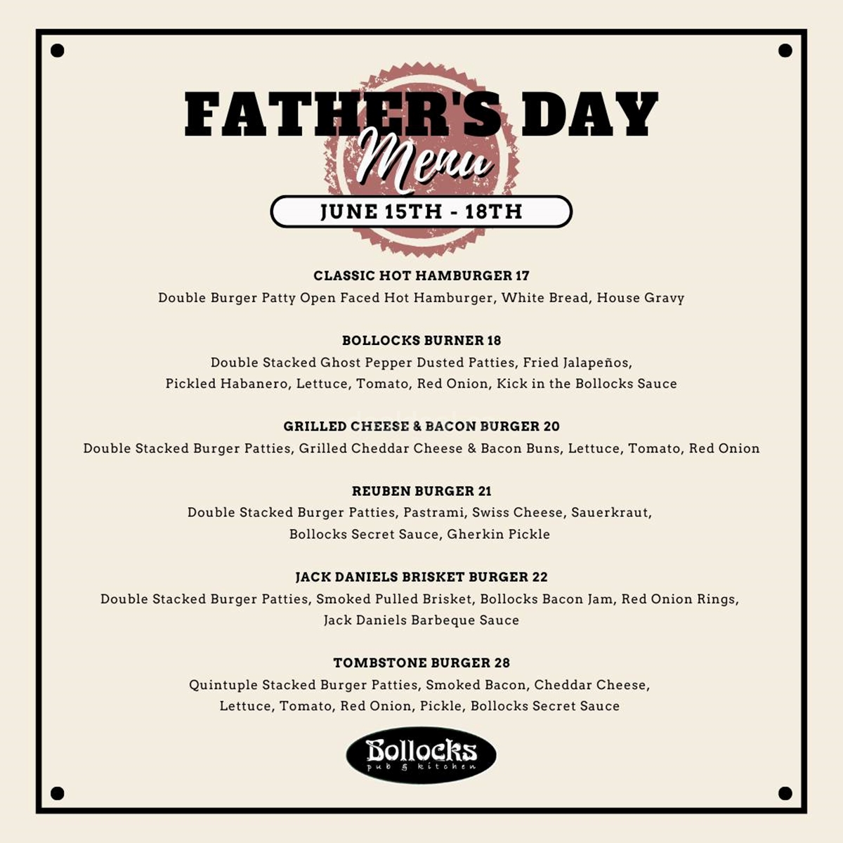 Father Day menu at Bollocks Pub & Kitchen