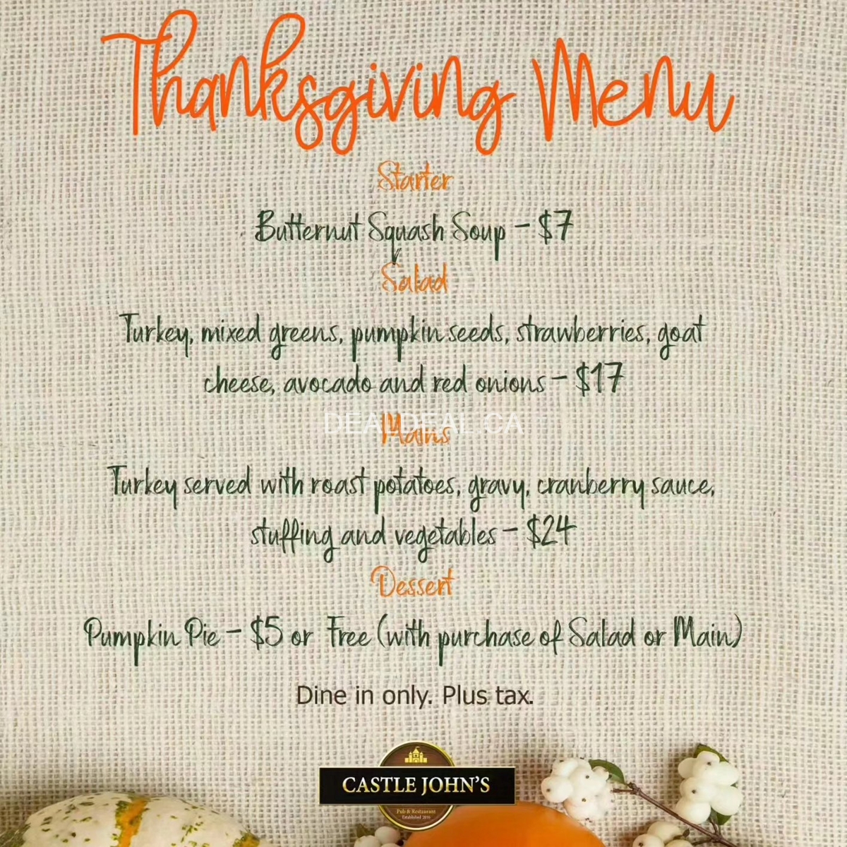 Thanksgiving Menu at Castle John's Port Perry