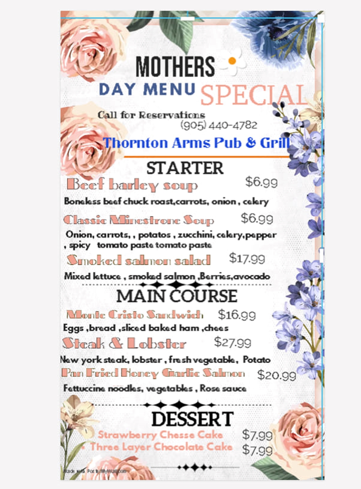 Celebrate your Mother's Day with our Special Menu at Thornton Arms pub