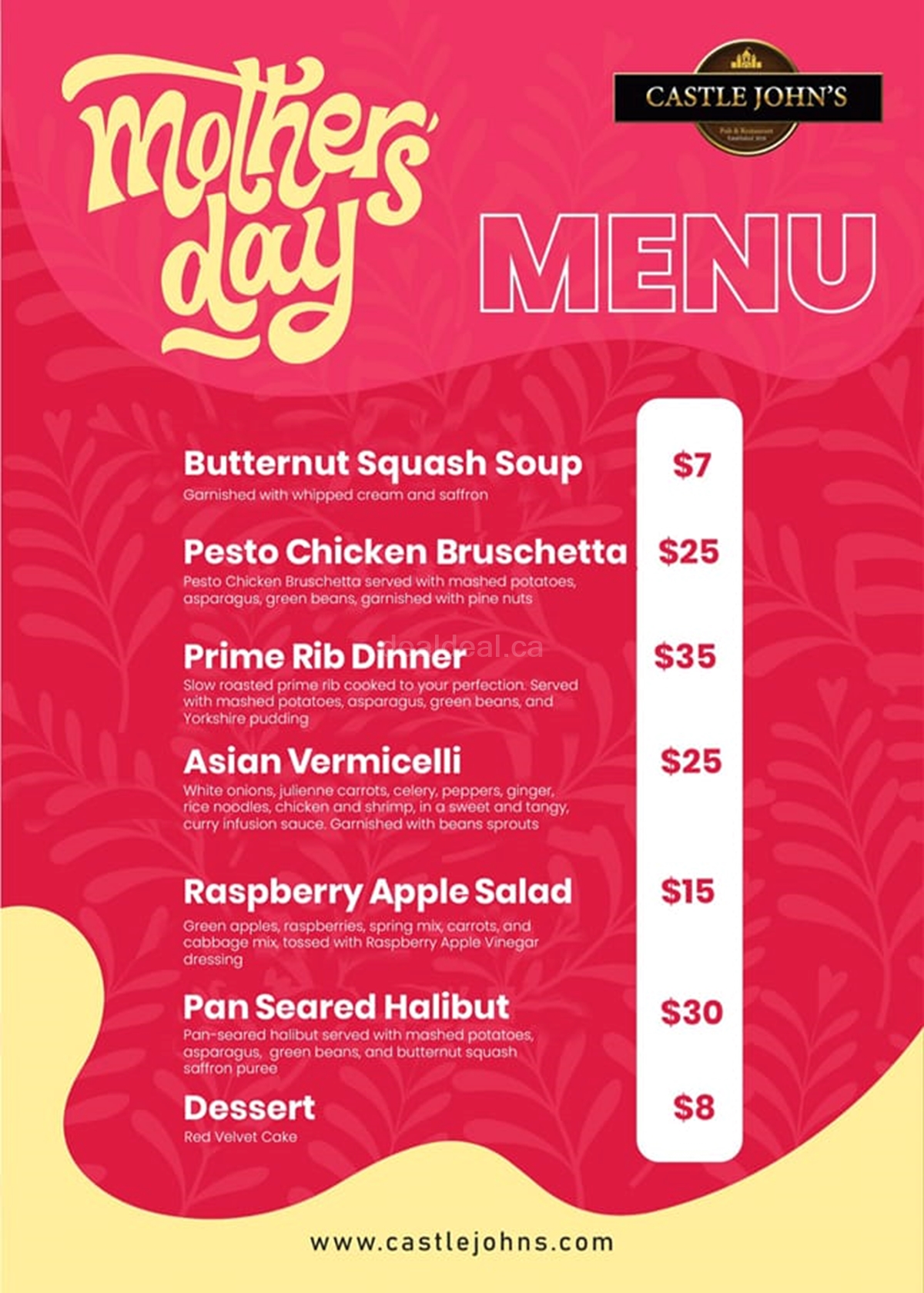 Mother's Day Menu at Castle John's Port Perry
