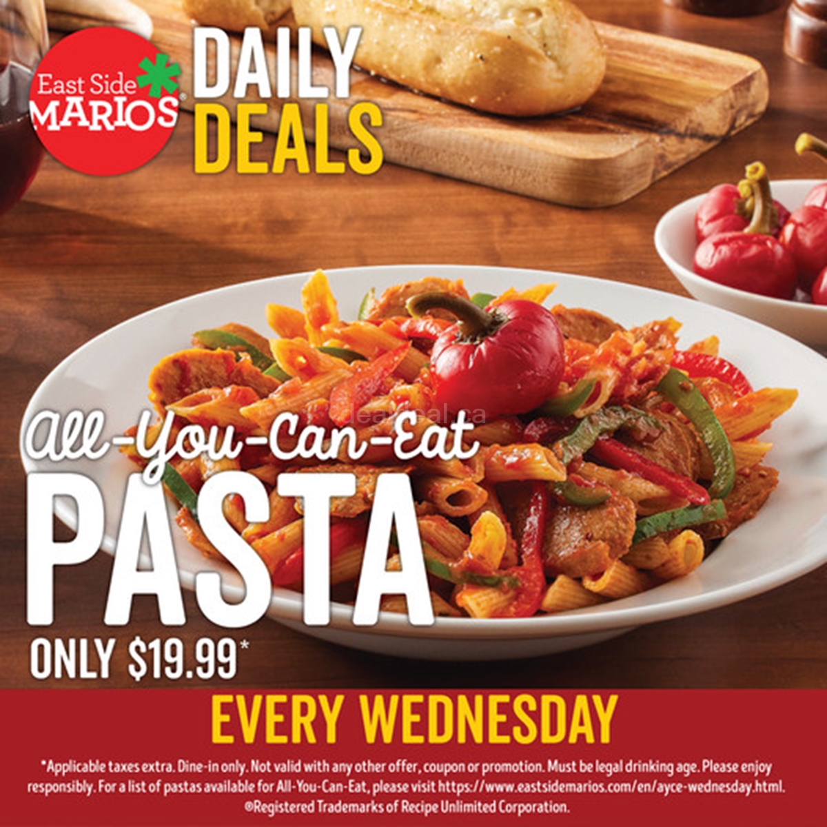 East Side Mario's is offering All-You-Can-Eat Pasta Wednesdays for only $19.99
