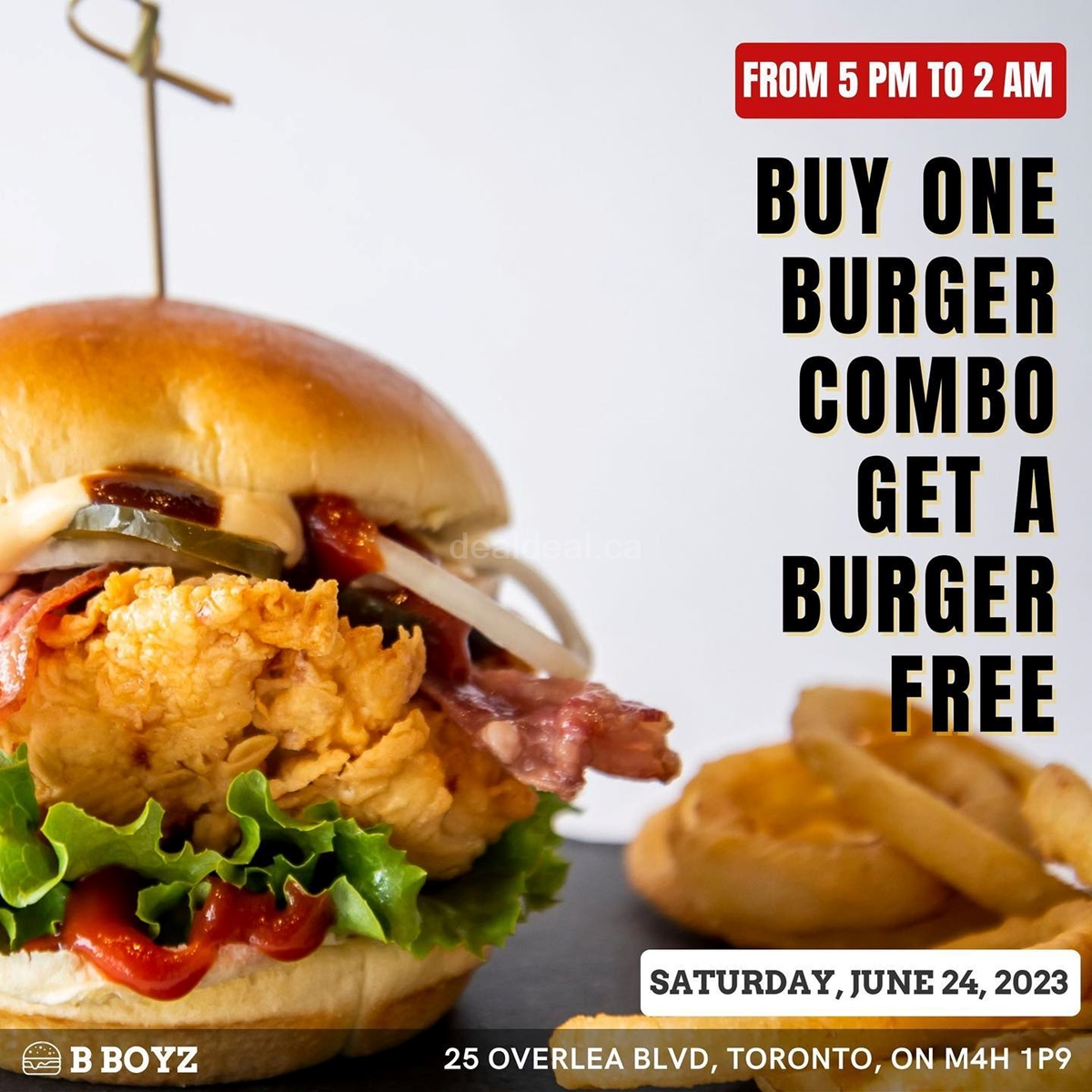 Purchase any burger with a combo and get a second burger free at B Boyz THORNCLIFFE location