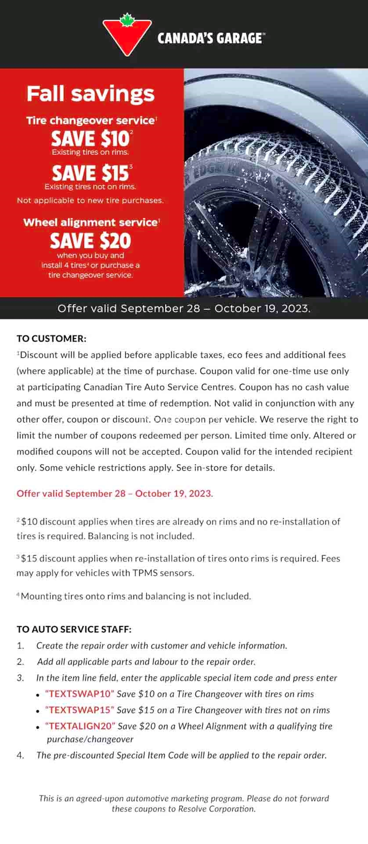 Coupon Code: Save up to $20 on tire changeover and wheel alignment at Canadian Tire.