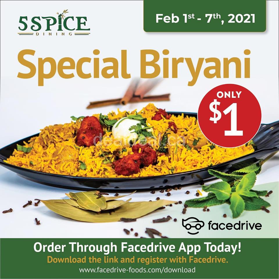 Biryani Special Offer for $1 Only at 5 Spice Dining
