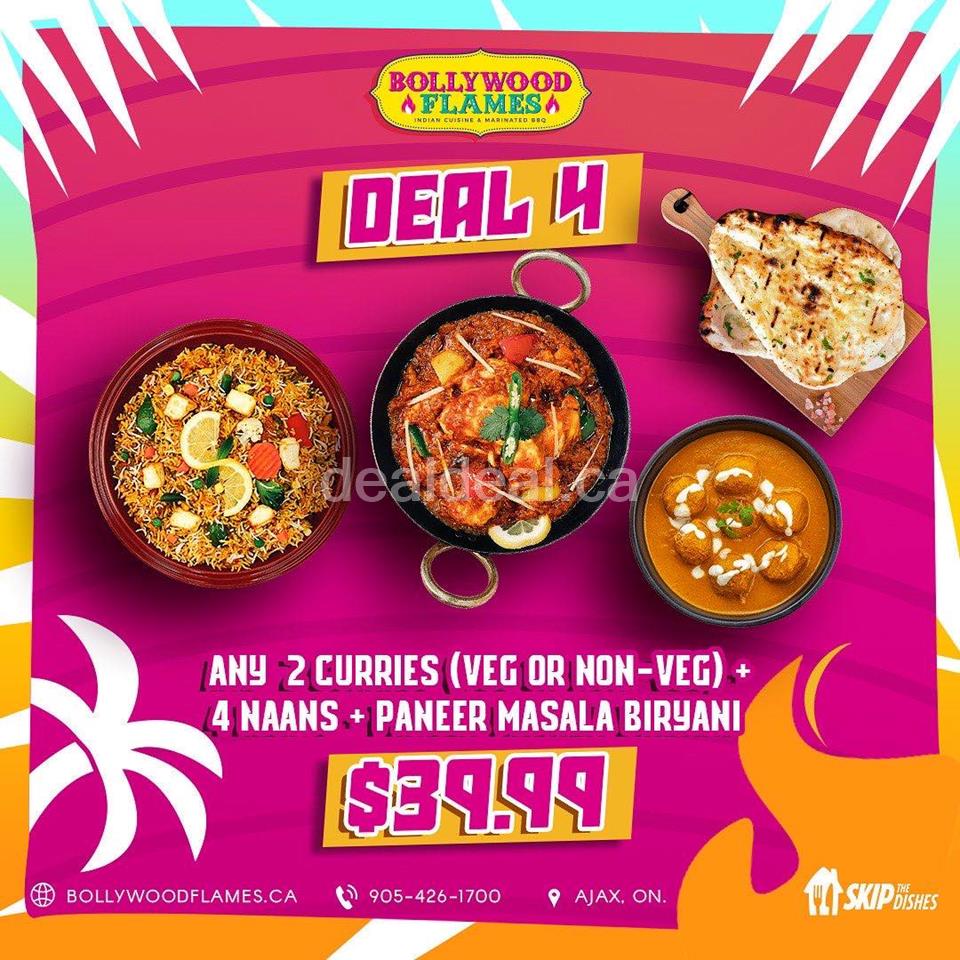 Any 2 Curries (Veg or Non-Veg), 4 Naans, and our house special Paneer Masala Biryani for $39.99 at Bollywood Flames