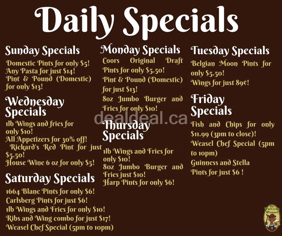 Daily Specials at The Waltzing Weasel
