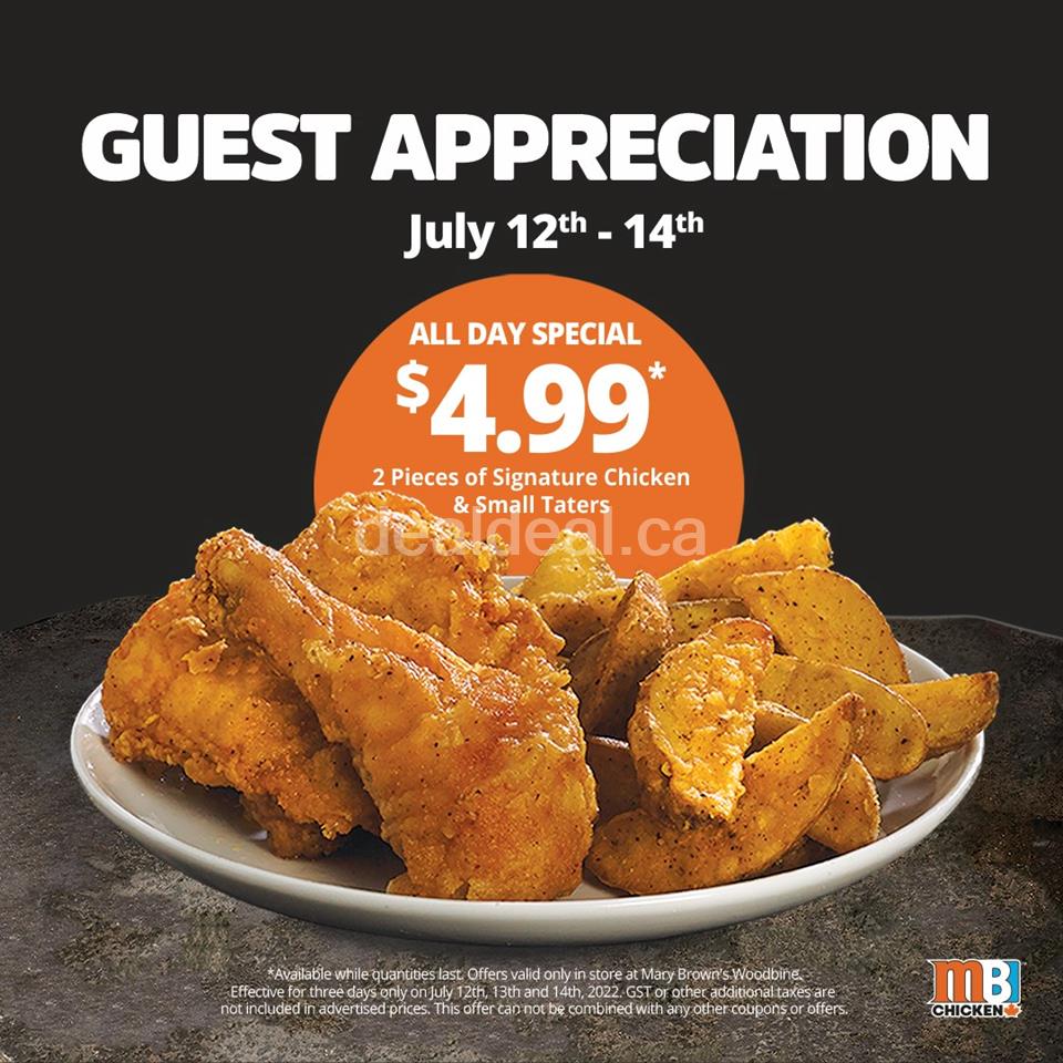 Guest Appreciation: Enjoy 2 pieces of Signature Chicken + Small Taters for ONLY 4.99 at Mary Brown's Woodbine