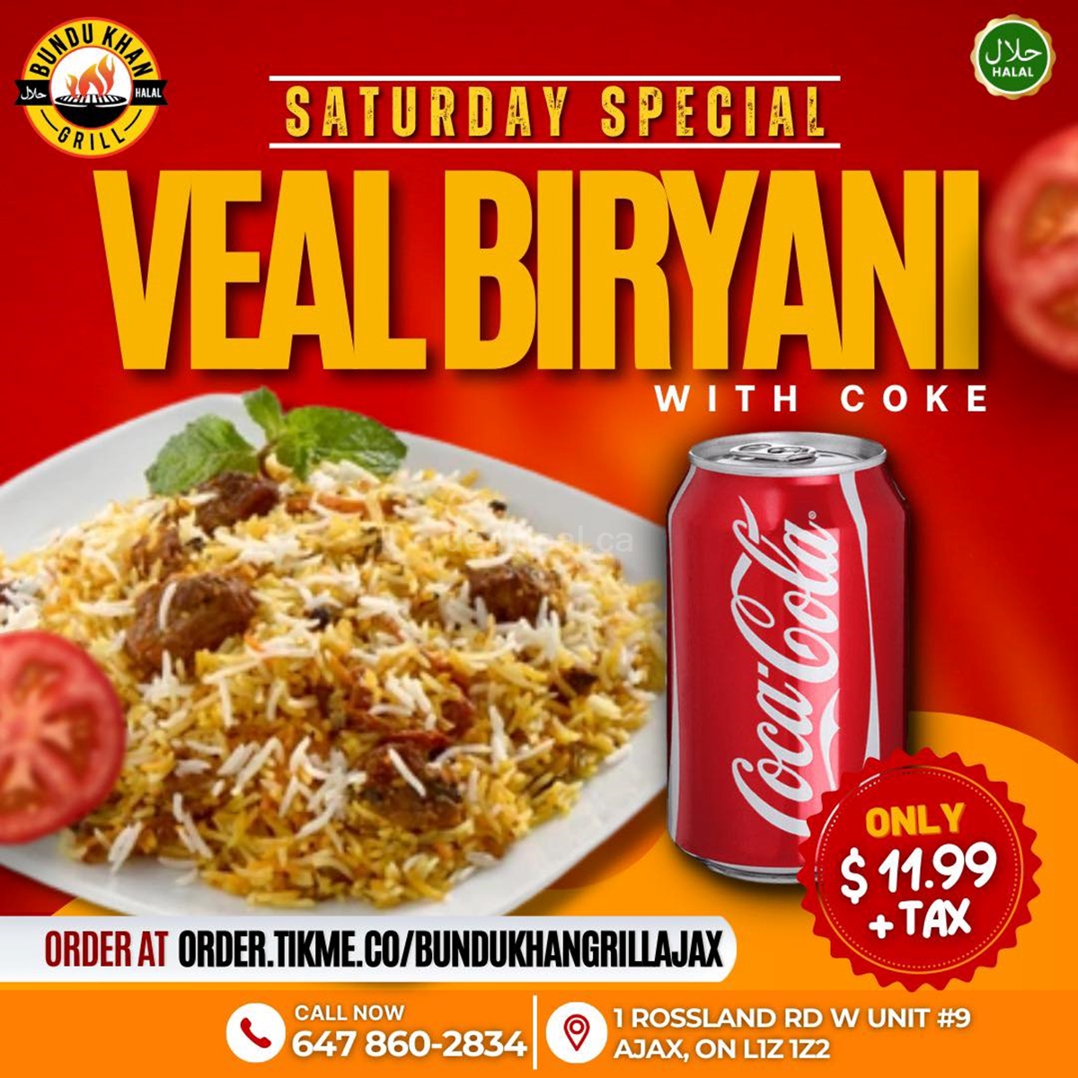 Enjoy Our Special Veal Biryani Combo in Just $11.99 Plus Tax at Bundu Khan