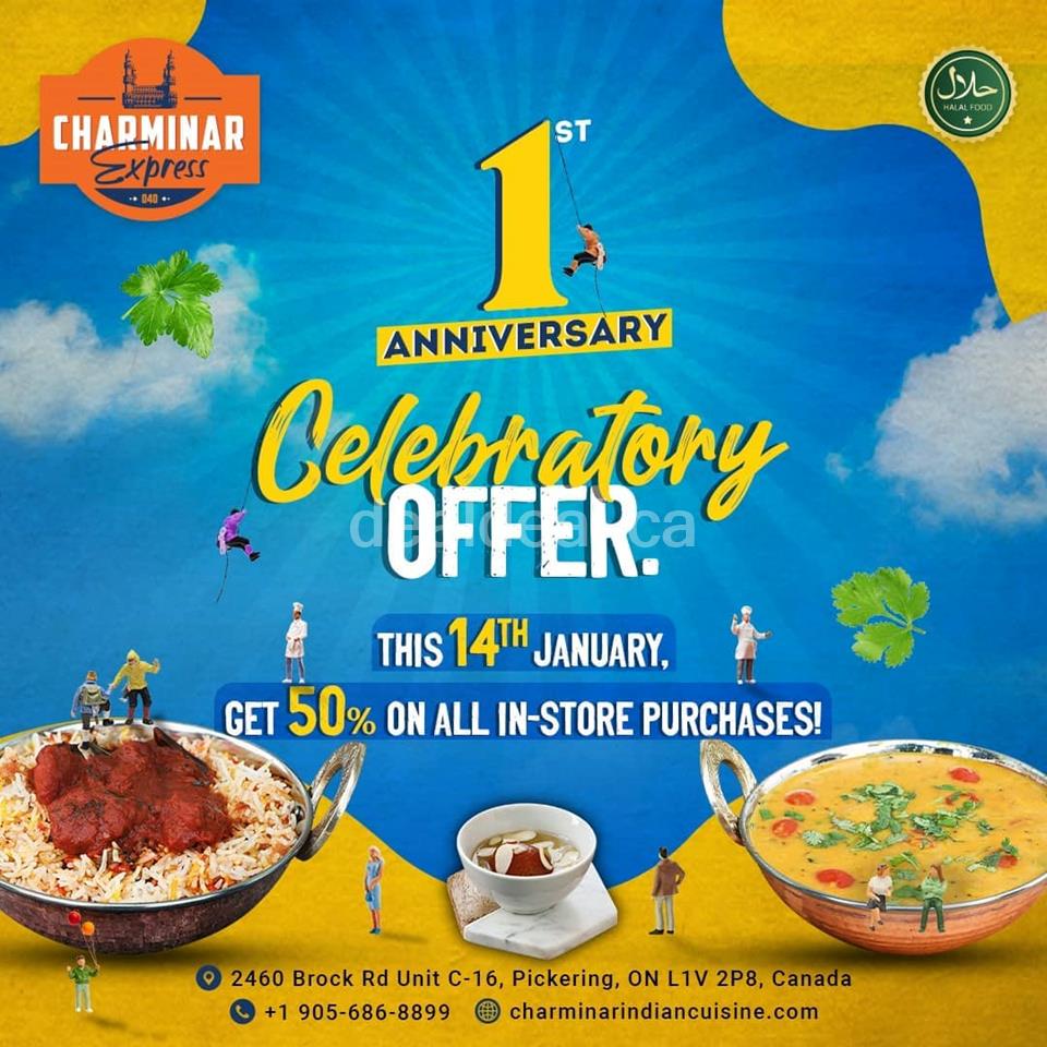 Get 50% Off on all In-Store Purchases at Charminar Pickering