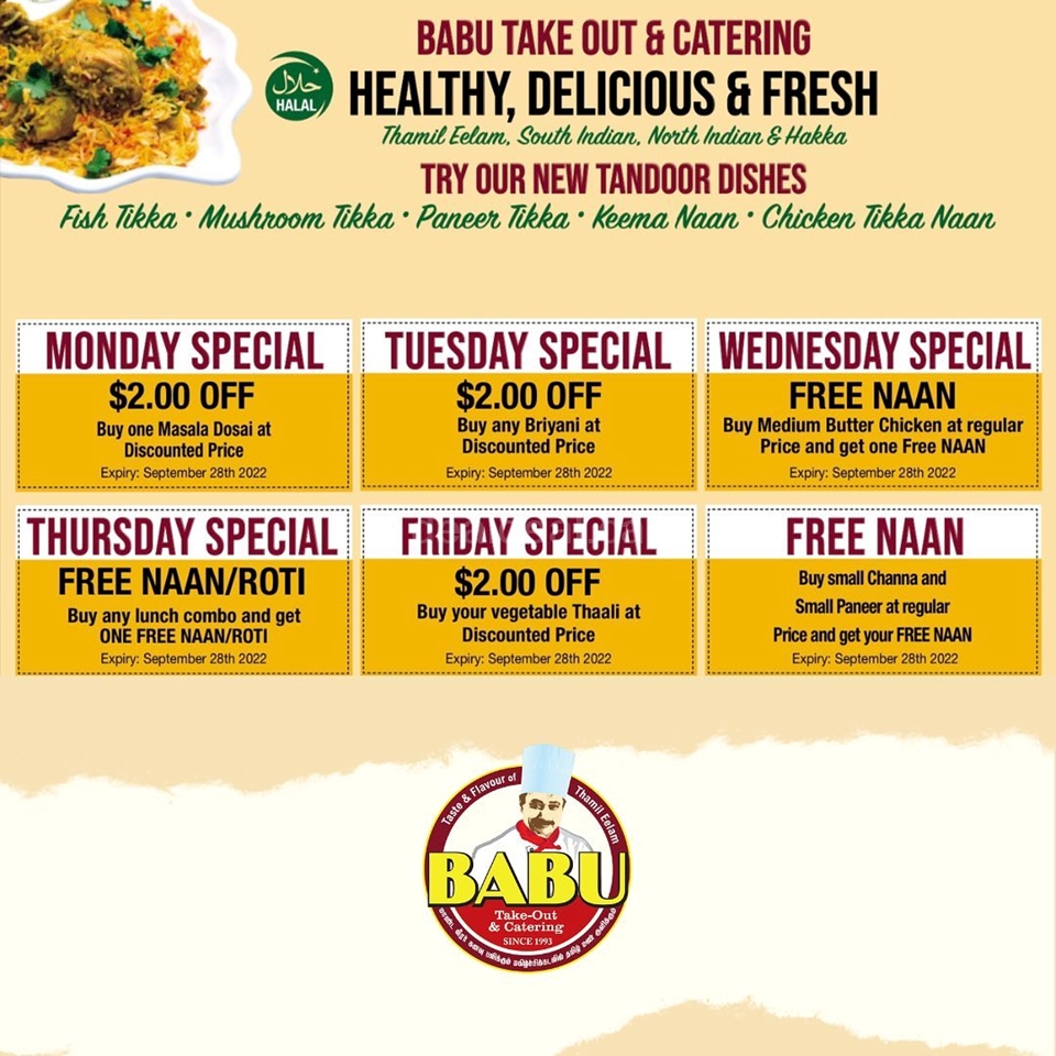 Babu Takeout And Catering: Daily Deals and Specials