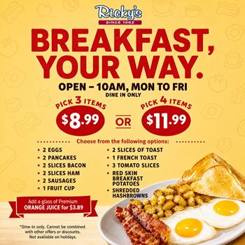 Breakfast Your Way at Ricky’s All Day Grill Brooks | Pick 3 for $8.99