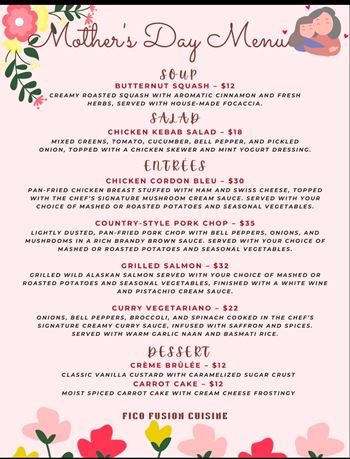 Fico Fusion Cuisine Mother’s Day Special Menu – Port Perry Dining Deals