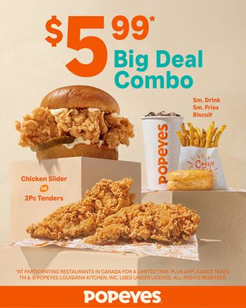Popeyes $5.99 Big Deal Combo | Chicken Slider or 2Pc Tenders