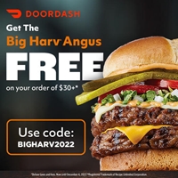 Get a FREE Big Harv Angus burger on your Harvey's order of $30+ with DoorDash