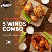 Lunch Special: 5 Wings Combo for $10 at Amazing Wings Guys