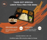 Take Out Special: Lunch Thali Non- Vegetarian for $13.99 & Vegetarian for $12.99 at Milanu's Tandoori Grill