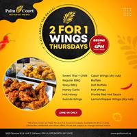 2 for 1 Wings Thursdays at Palm Court Restaurant and Bar